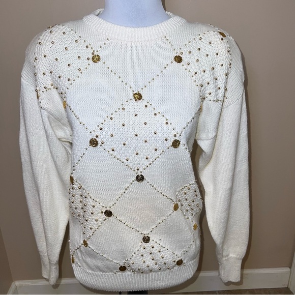 Eminent Womens Vintage 80"s Cream Crew Neck Sweater w/Coin Decoration Size Small - Picture 2 of 8